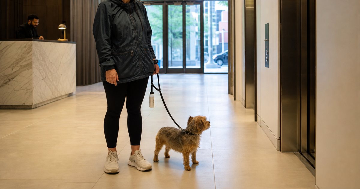 A dog walker with a small terrier on a leash waiting in a bright modern apartment lobby near the elevator doors, a front desk attendant visible in the background, glass entrance doors and a city street outside
