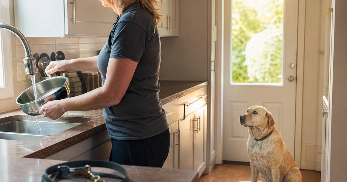 A dog walker standing in a bright kitchen refilling a stainless steel water bowl at the sink while a damp pawed labrador waits on a towel by the back door, keys and leash resting on the counter, warm afternoon light