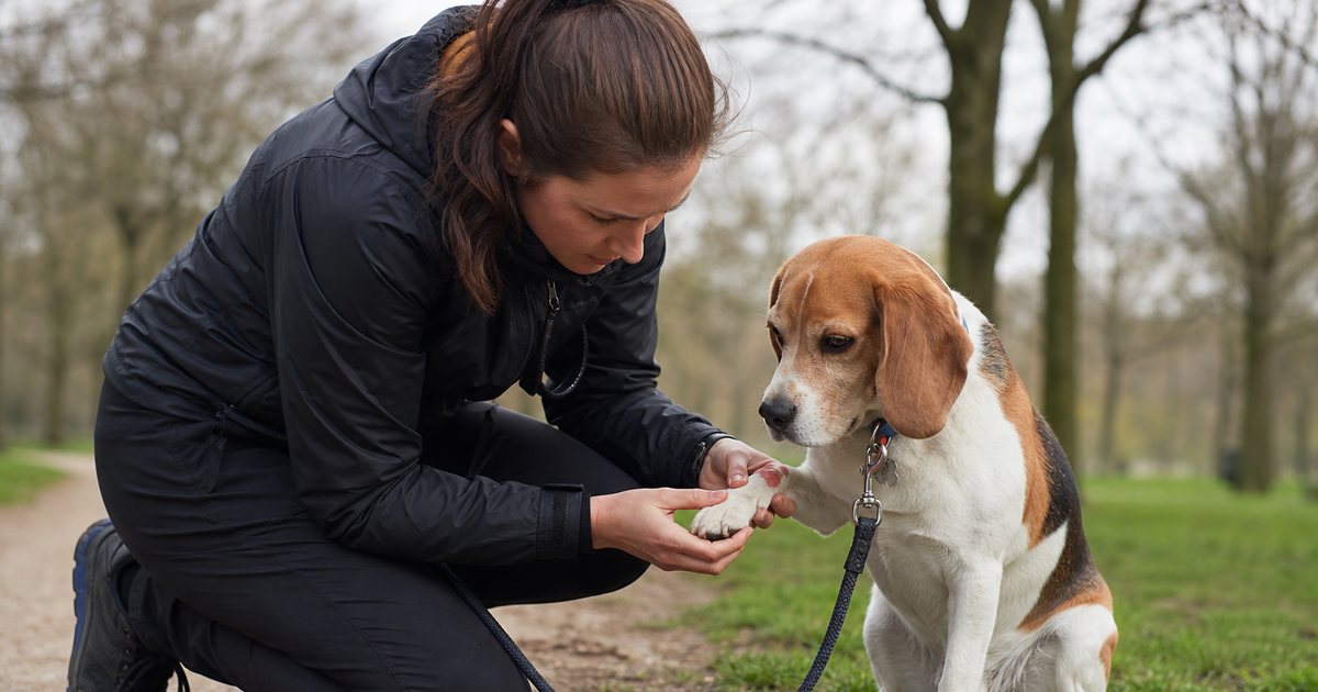 A dog walker kneeling on a park path gently inspecting the front paw of a leashed beagle, a small first aid pouch open on the grass beside them, overcast daylight, trees in the background