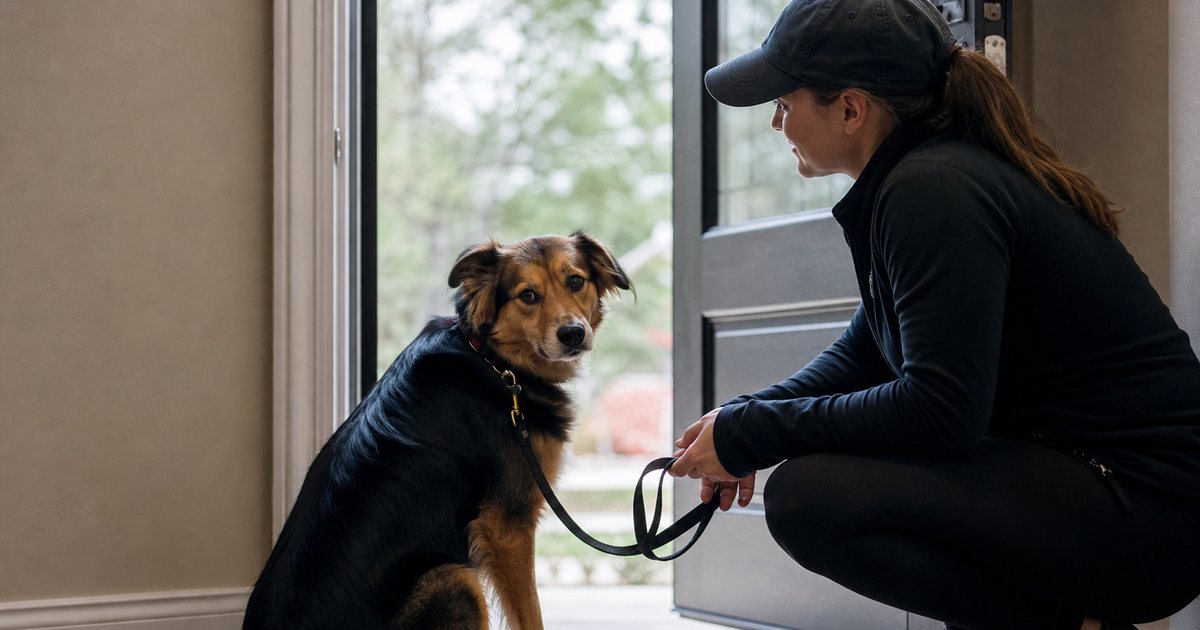 A professional dog walker crouching patiently in a home entryway beside a hesitant medium sized dog sitting near the open front door, leash held loosely, natural daylight coming through the door