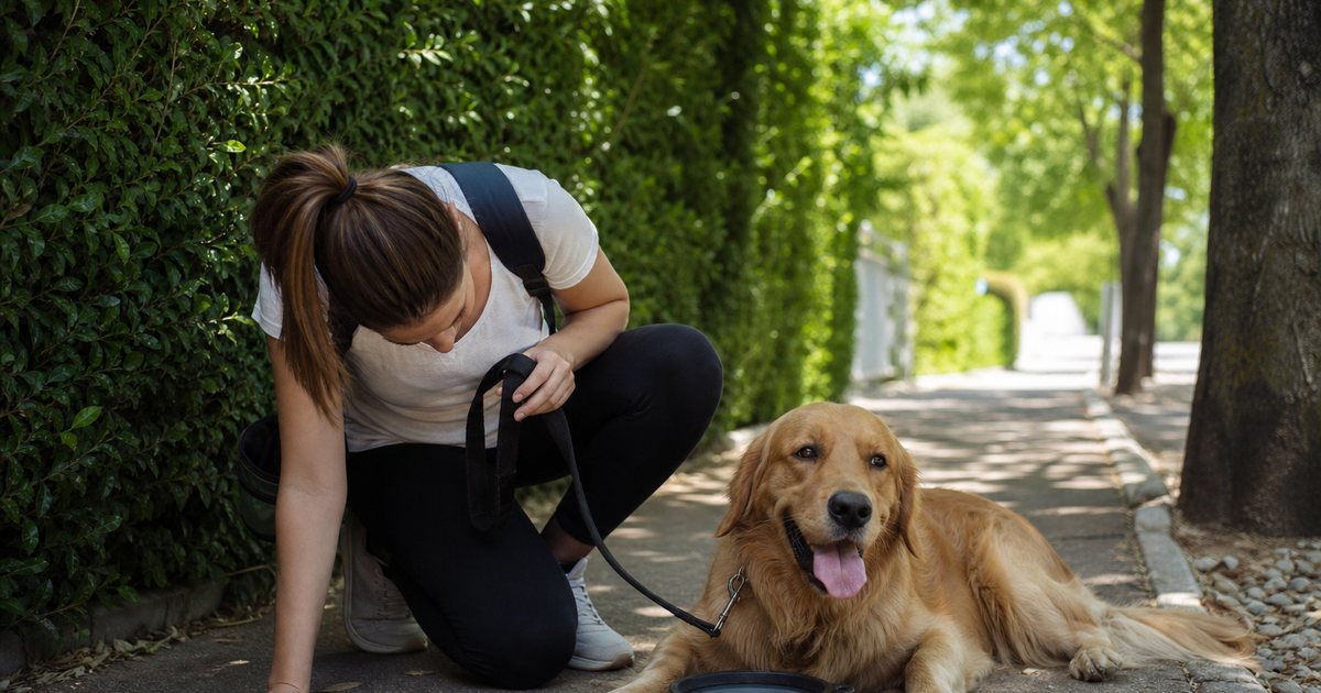 A dog walker kneeling on a shaded sidewalk pressing the back of her hand to the pavement while a panting golden retriever rests beside a collapsible water bowl, bright midday summer light on a leafy residential street