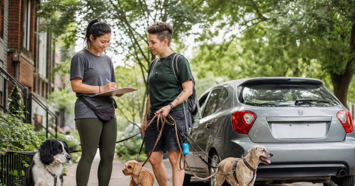 Two dog walkers standing on a residential sidewalk comparing notes on a clipboard, each holding two leashed dogs, a small hatchback parked at the curb behind them, late morning light
