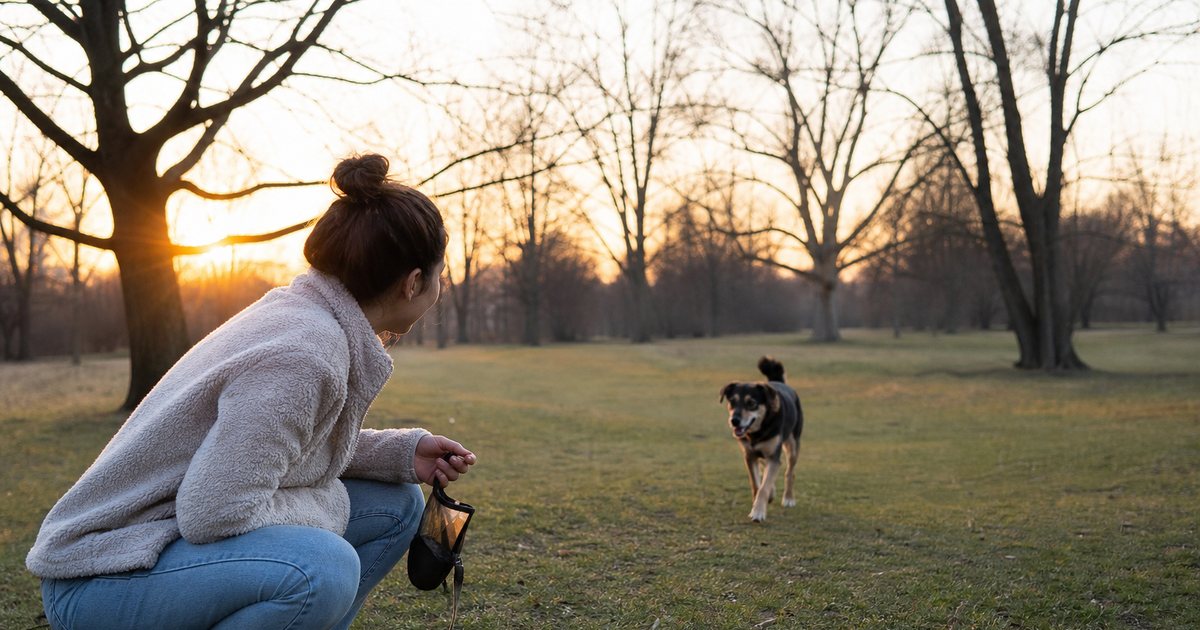 A young woman in a fleece crouching low and sideways on a wide grassy park path at golden hour, holding an open treat pouch and a slack leash, a medium mixed breed dog trotting toward her across the grass, bare trees and low sun behind her