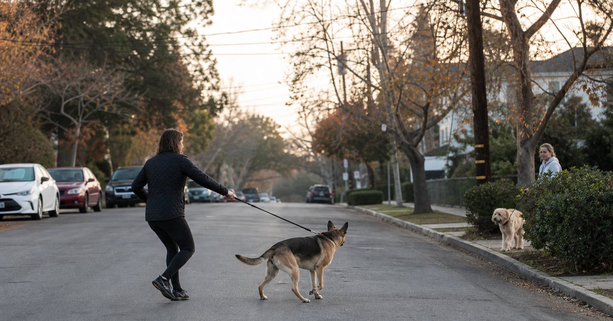 A dog walker guiding a leashed shepherd mix in a wide arc across a quiet residential street to create distance from another dog approaching on the opposite sidewalk, early morning light, parked cars along the curb