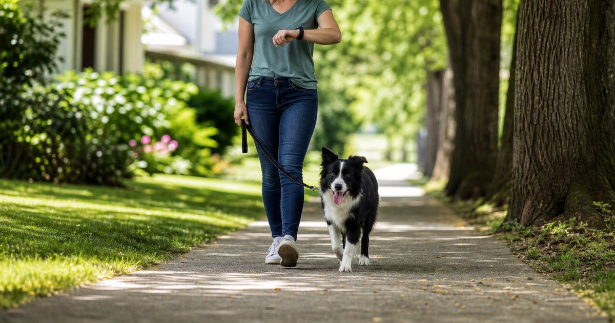 A dog walker glancing at a wristwatch while walking a relaxed border collie along a tree lined suburban path at midday, dappled sunlight, single family houses in the background